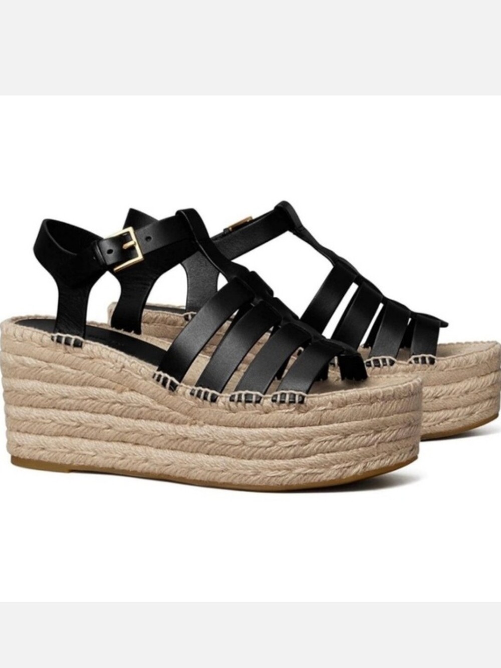 NEW Tory Burch Fisherman Espadrille Wedge Black Strappy Platform Sandals Size 8